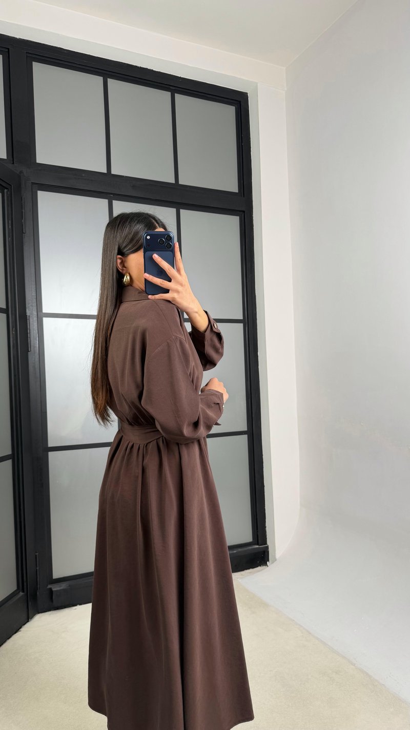 Kahve Beli Lastikli Kuşaklı Tencel Elbise GAUS-01286