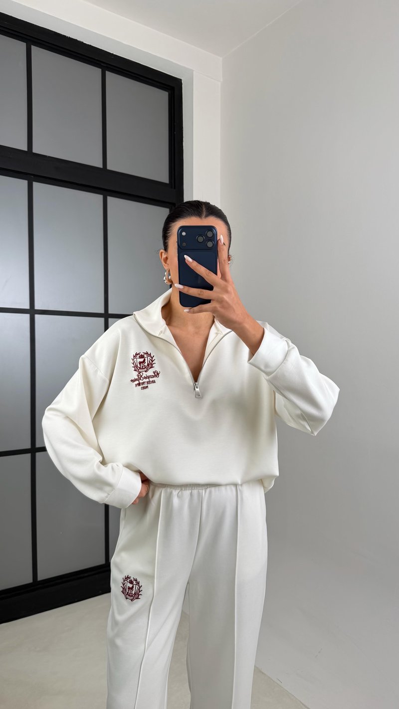 Beyaz Fermuarlı Baskılı Sweatshirt Beli Lastikli Eşofman İkili Takım GAUS-00597