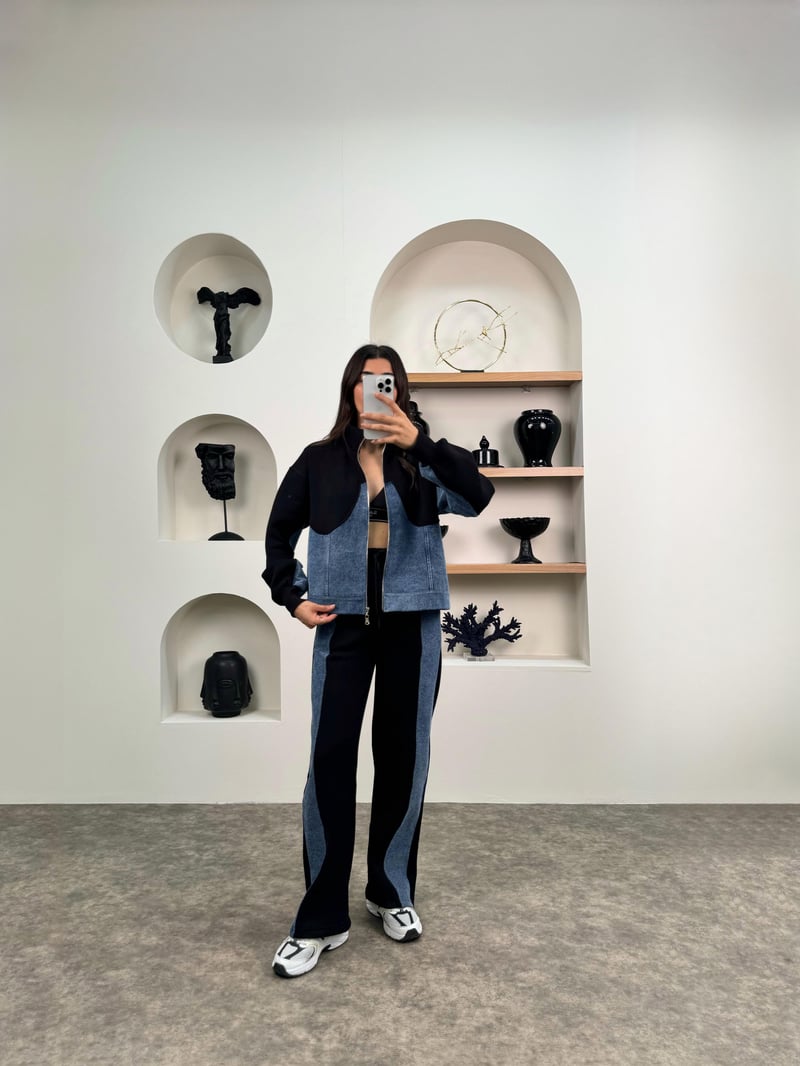 Jadon Siyah Üç İplik Şardonlu Denim Karışımlı Takım