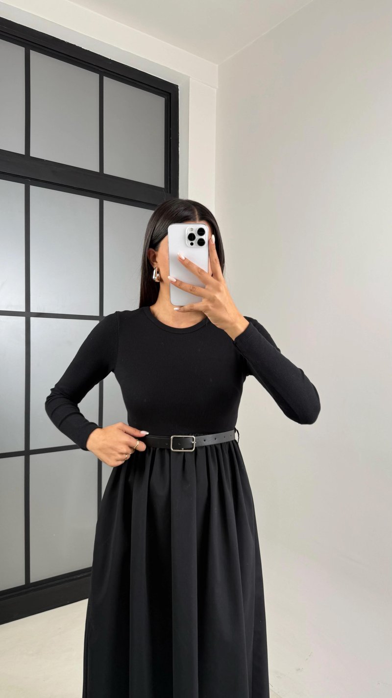 Siyah Uzun Kol Beli Lastikli Kemerli Elbise GAUS-01214
