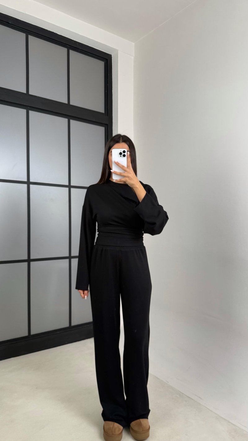 Siyah Yarasa Kol Bluz Beli Lastikli Pantolon Tasarım Modal Takım GAUS-00572