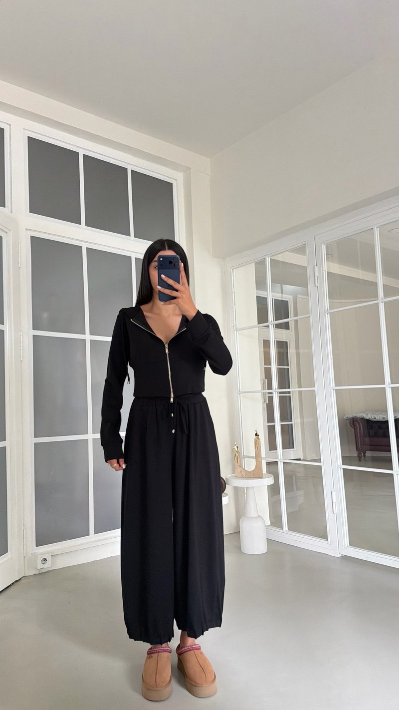 Siyah Kapüşonlu Hırka Beli Lastikli Geniş Paça Pantolon İkili OYS Modal Kumaş Takım GAUS-02152