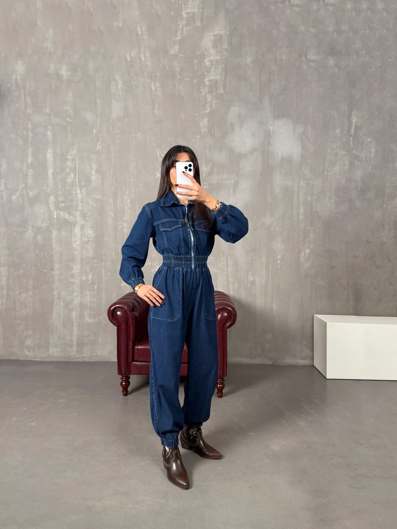 Setre Mavi Önden Fermuarlı Denim Tulum