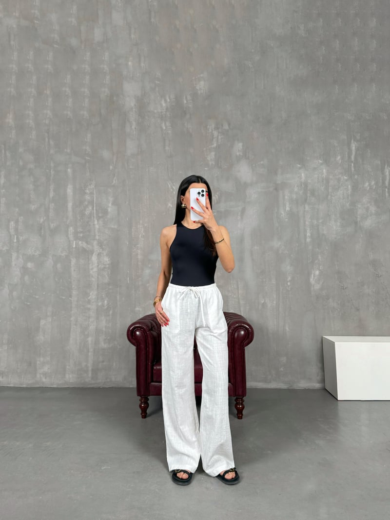 Beyaz Beli Lastikli Keten Pantolon Gaus00156