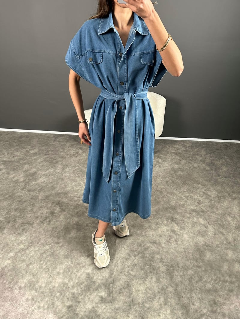 Vogi Mavi Premium Kalite Oversize Uzun Kemerli Kot Elbise