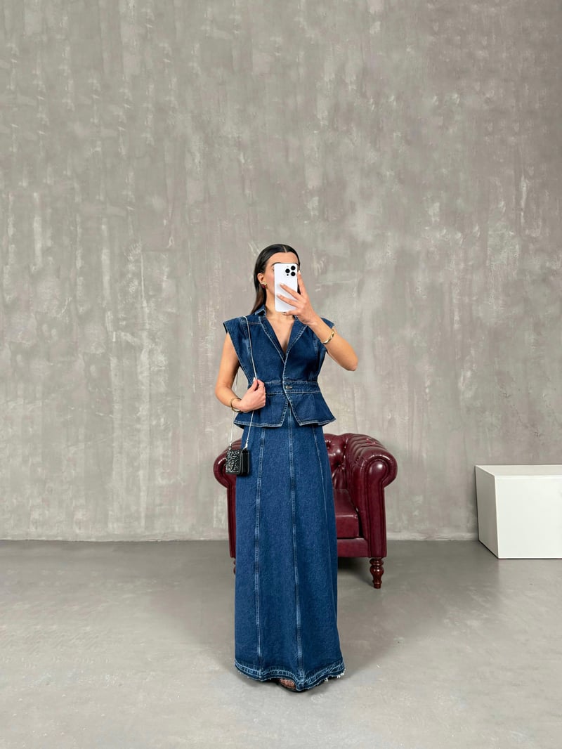 Novat Lacivert Uzun Denim Etek