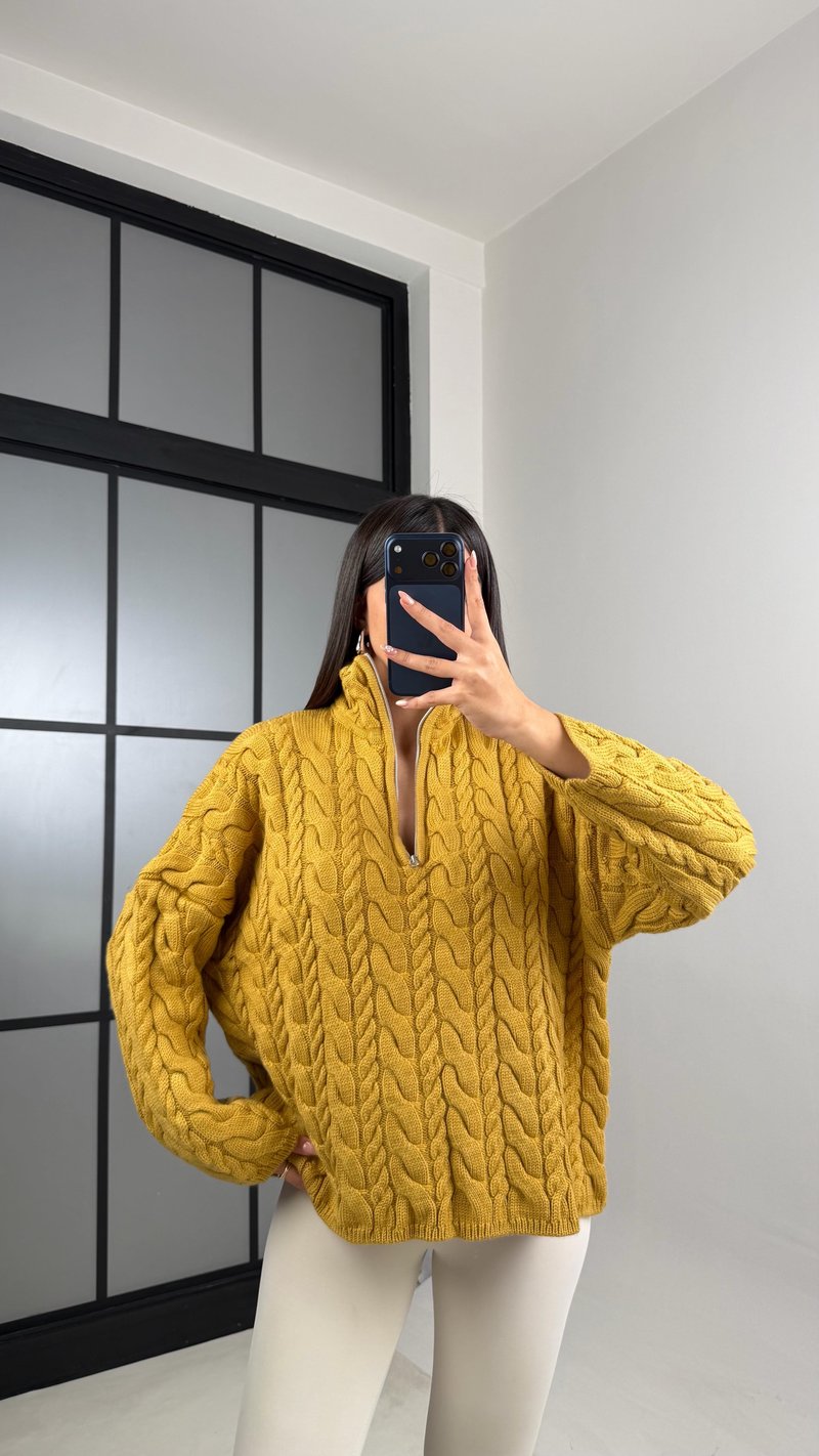 Hardal Fermuarlı Saç Örgülü Kazak GAUS-00855