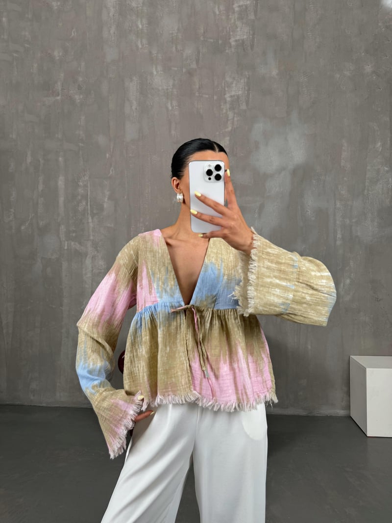 Pembe Önden Bağlamalı Müslin Ebruli Bluz Gaus00088