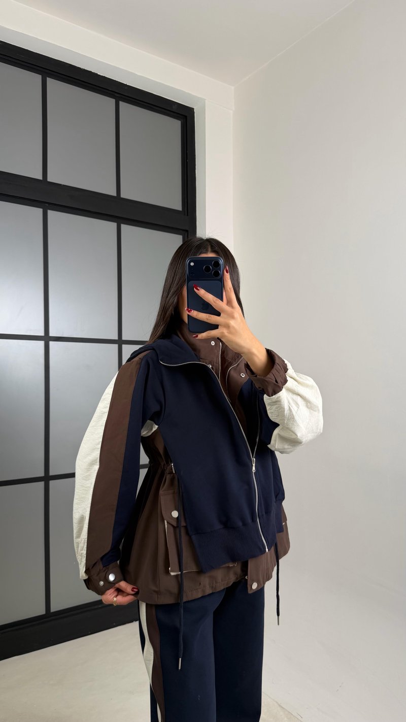 Kahve Garnili Ceket Beli Lastikli Pantolon İkili Tasarım Takım GAUS-00699
