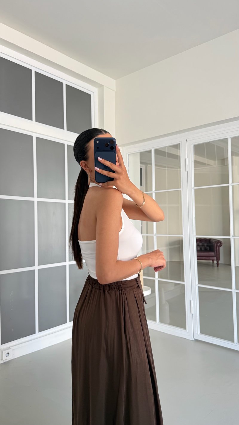 Kahve Kemer Detaylı Yumuşak Dokulu Etek GAUS-01723