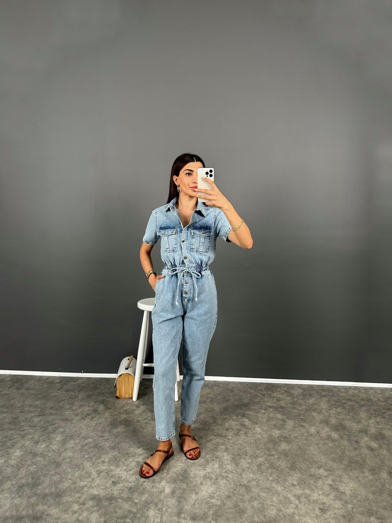 Valens Premium Denim Düğmeli Beli Lastikli Tulum 