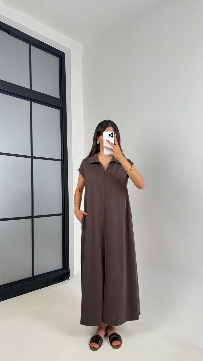Kahve MD Muadil Polo Yaka Cepli Basic Elbise Gaus00568
