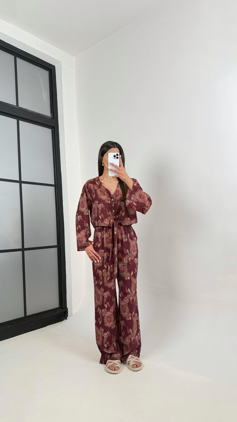 Mürdüm V Yaka Önü Düğmeli Üst Beli Lastikli Pantolon Etnik Desen Takım Gaus00362