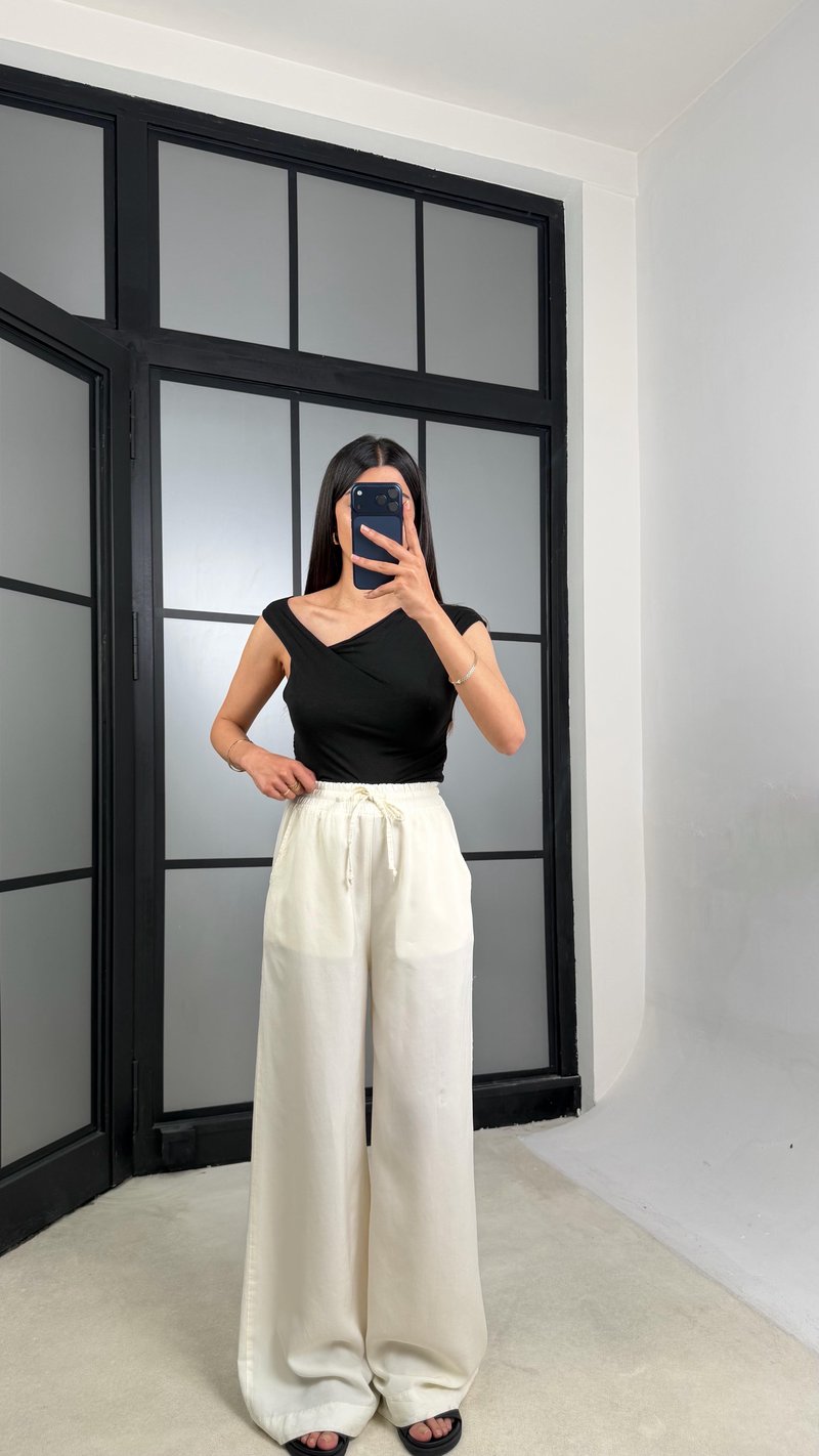Krem Beli Lastikli Tencel Denim Pantolon GAUS-01474