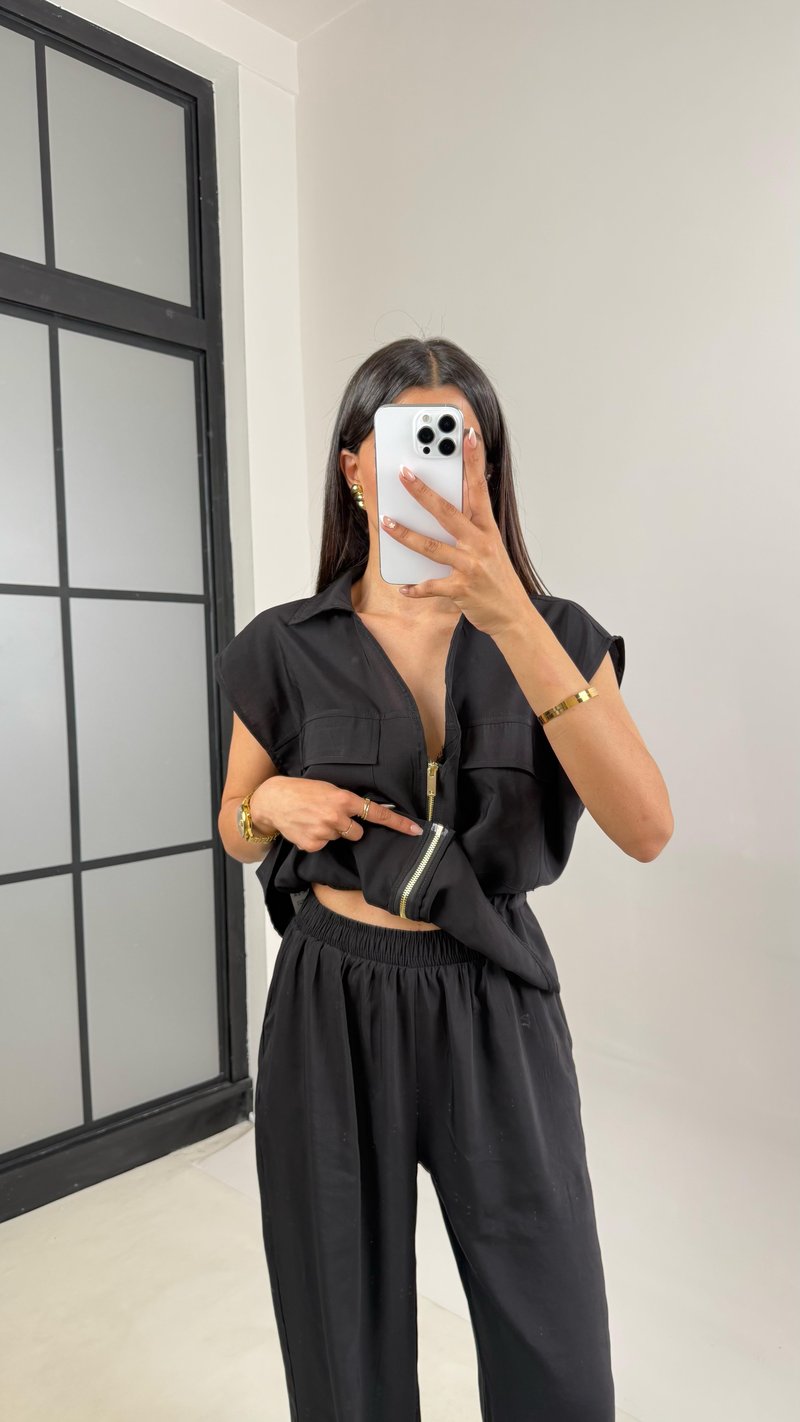 Siyah Cepli Bağlamalı Yelek Beli Lastikli Pantolon İkili Tencel Takım Gaus00546