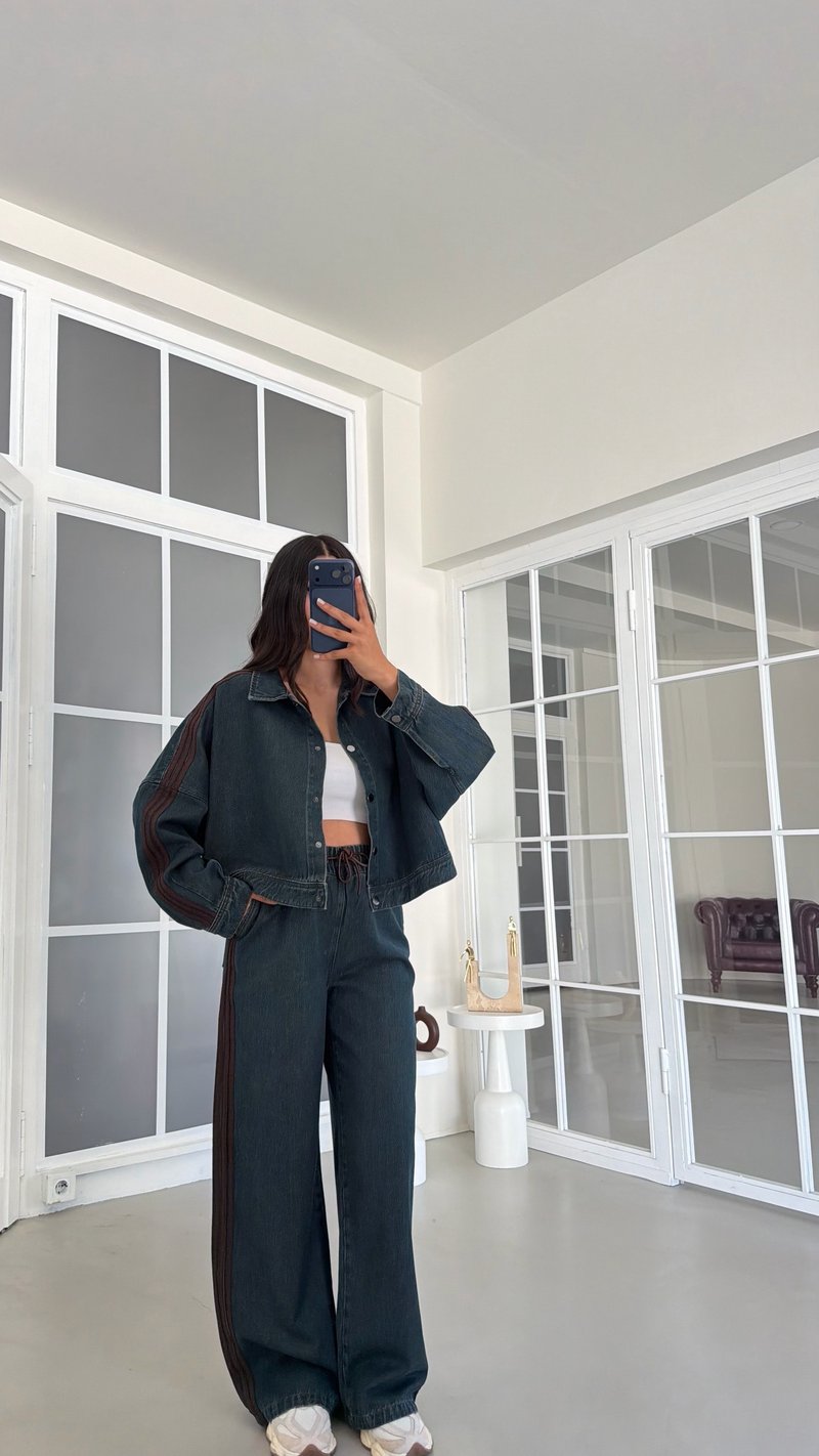 Kahve Şerit Detaylı Ceket Beli Lastikli Pantolon İkili Denim Takım GAUS-02094