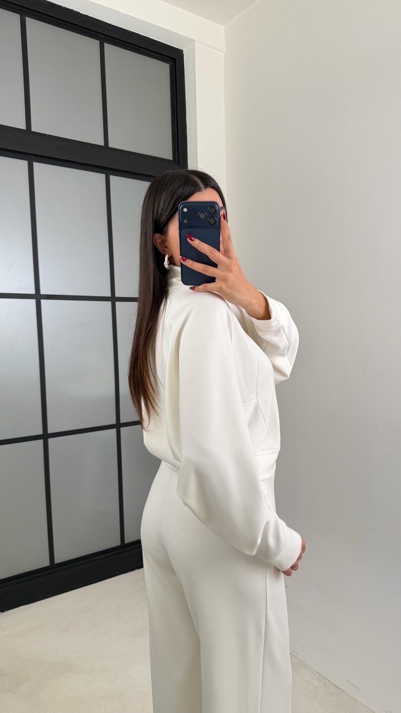 Ekru Fermuarlı Hırka Beli Lastikli Pantolon Modal Takım GAUS-00665