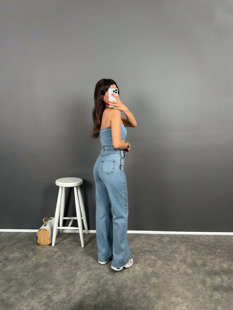 Ria Straplez Fermuarlı Denim Tulum