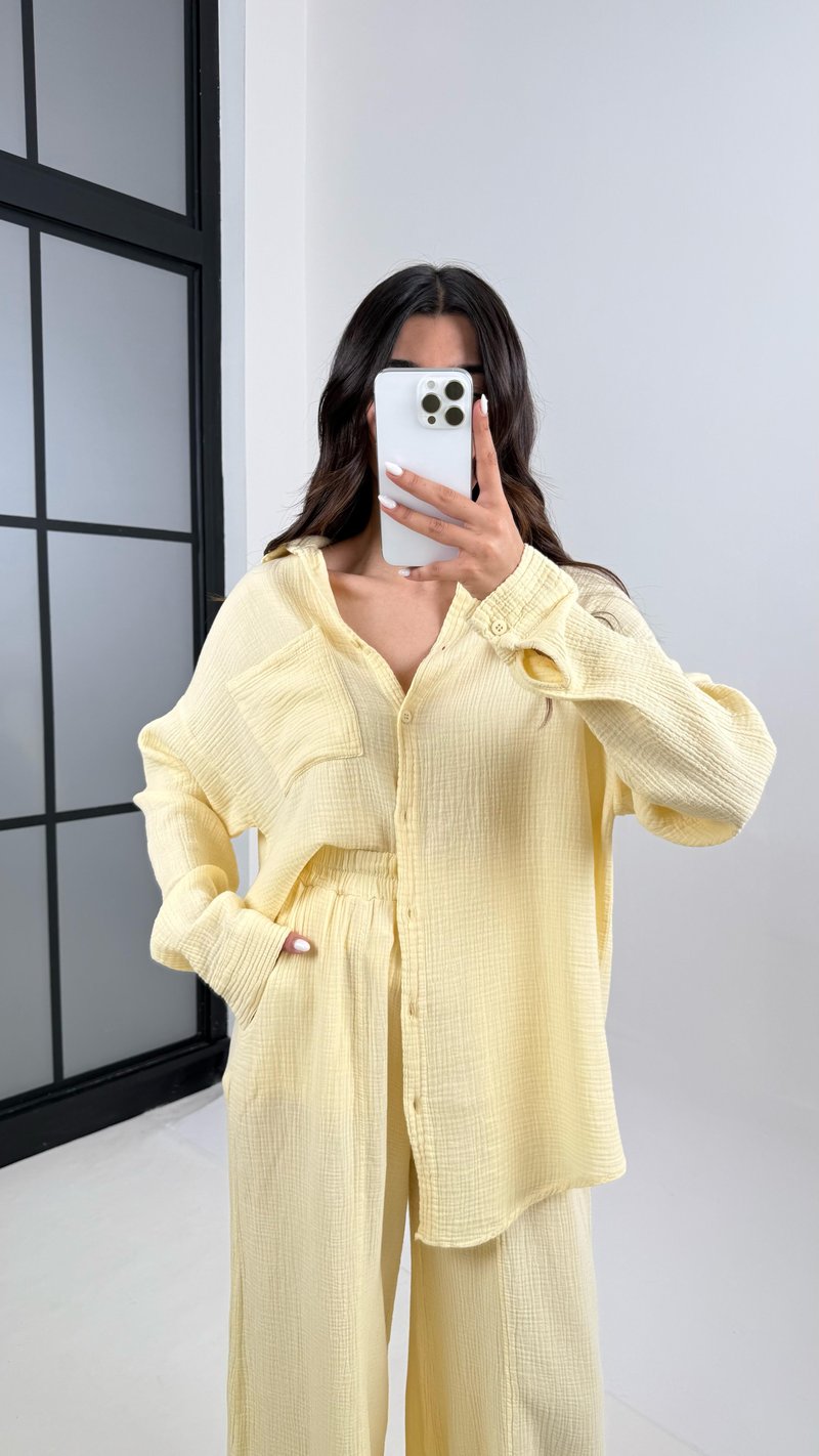 Sarı Önü Düğmeli Cepli Gömlek Beli Lastikli Pantolon Müslin Takım MSLN01 Gaus00385