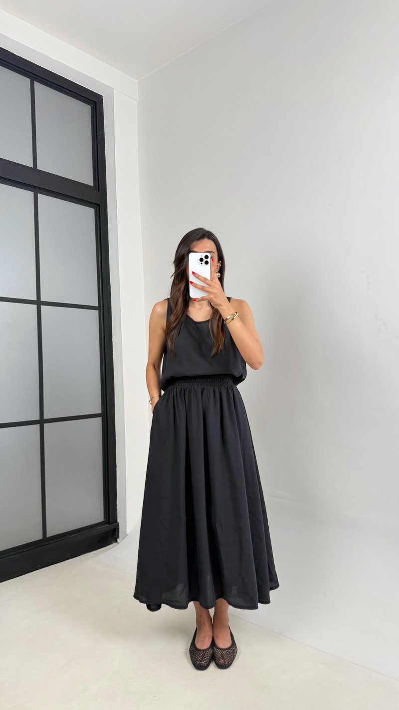Siyah Bluz Beli Lastikli Etek İkili Kırışık Tencel Takım Gaus00522