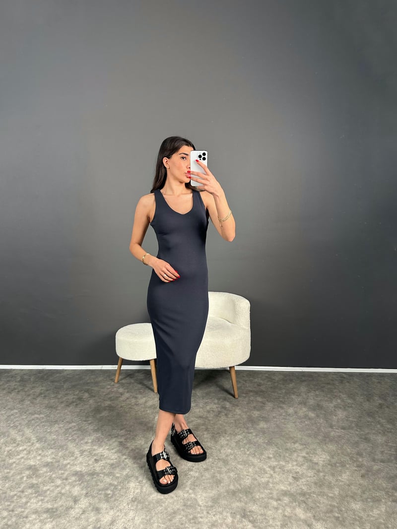 Füme V Yaka Midi Boy Basic Elbise