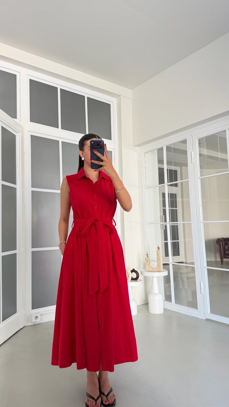 Kırmızı Sıfır Kol Kuşaklı Keten Elbise GAUS-01832