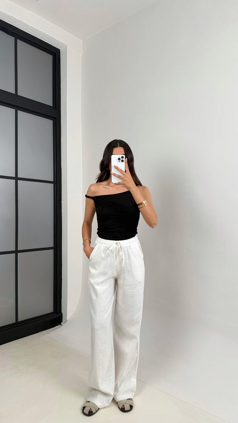 Beyaz Beli Lastikli Muadil Keten Pantolon Gaus00623