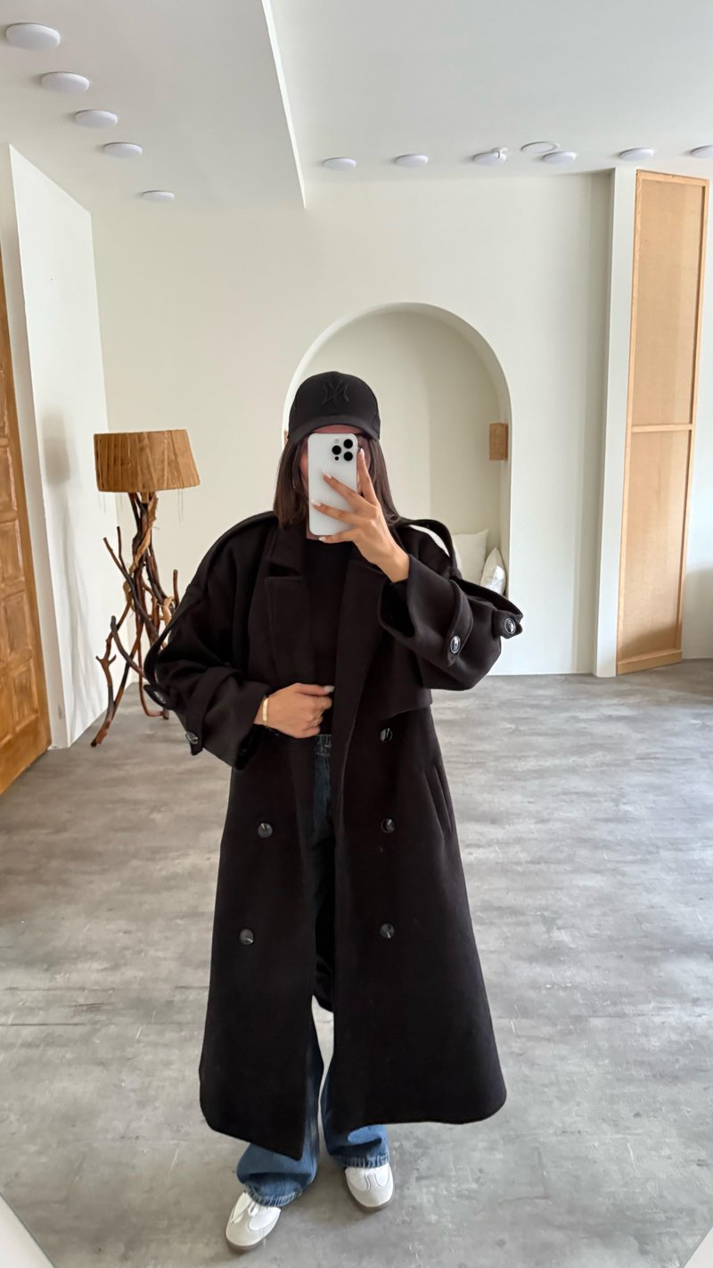 Siyah Astarlı Kuşaklı Premium Kaşe Kaban GAUS-00505