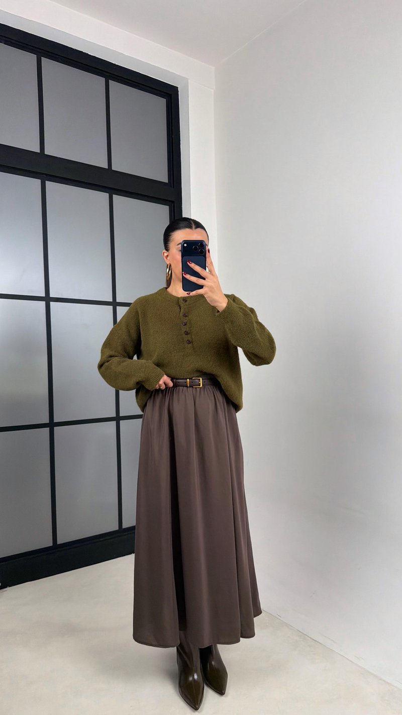 Kahve Beli Lastikli Cepli Tencel Etek GAUS-00670