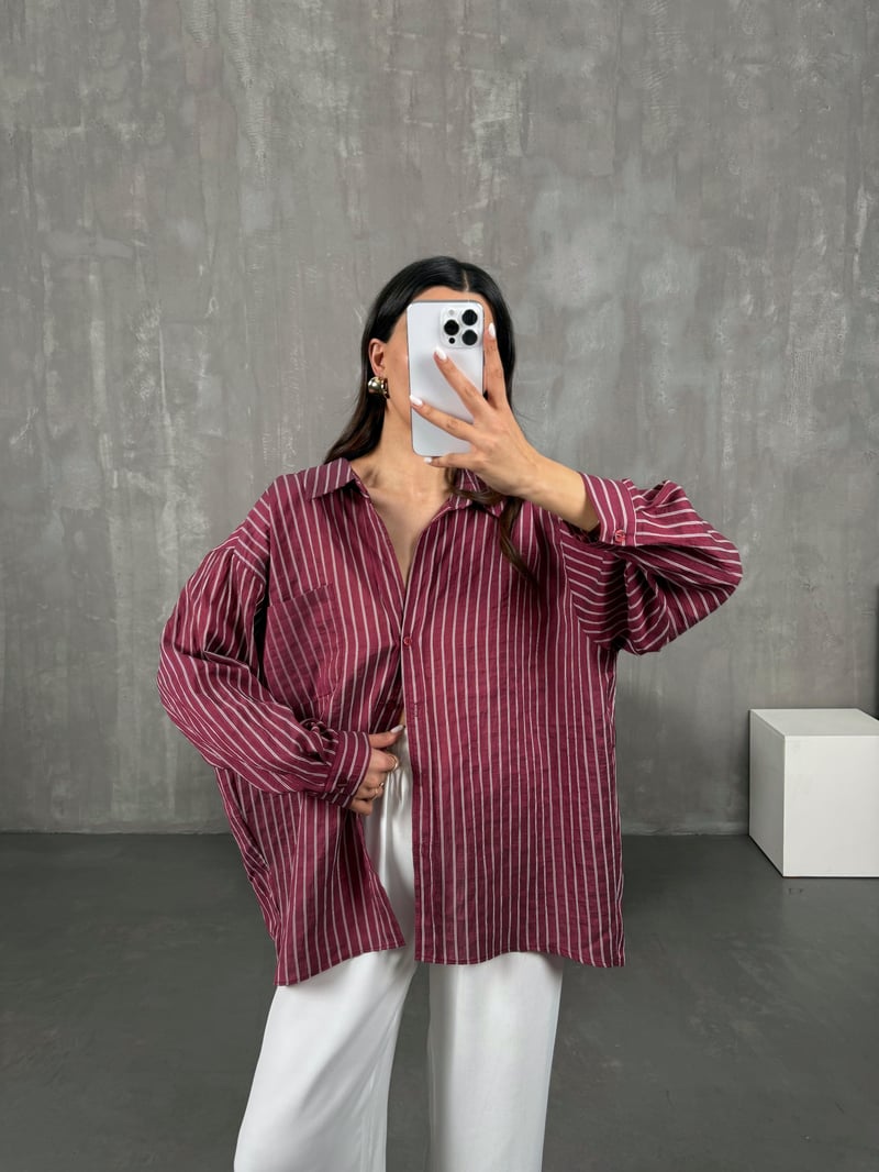 Bordo Çizgili Oversize Gömlek Gaus0004
