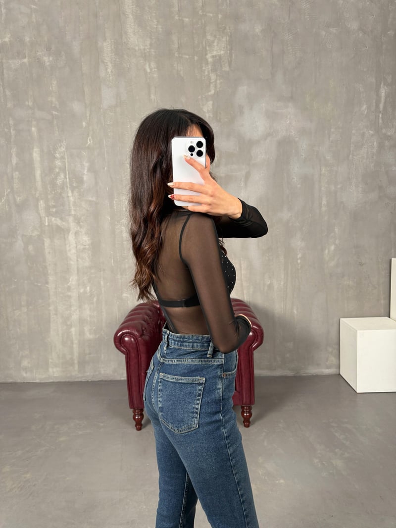Reyya Gümüş Taşlı Transparan Bodysuit 
