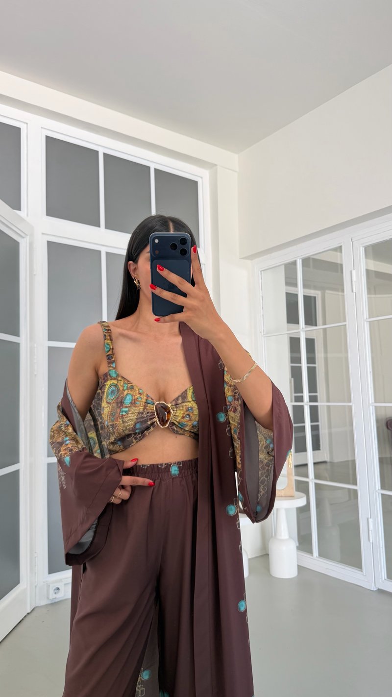 Kahve Kimono Crop Beli Lastikli Pantolon 3lü Desenli Premium Takım GAUS-01831