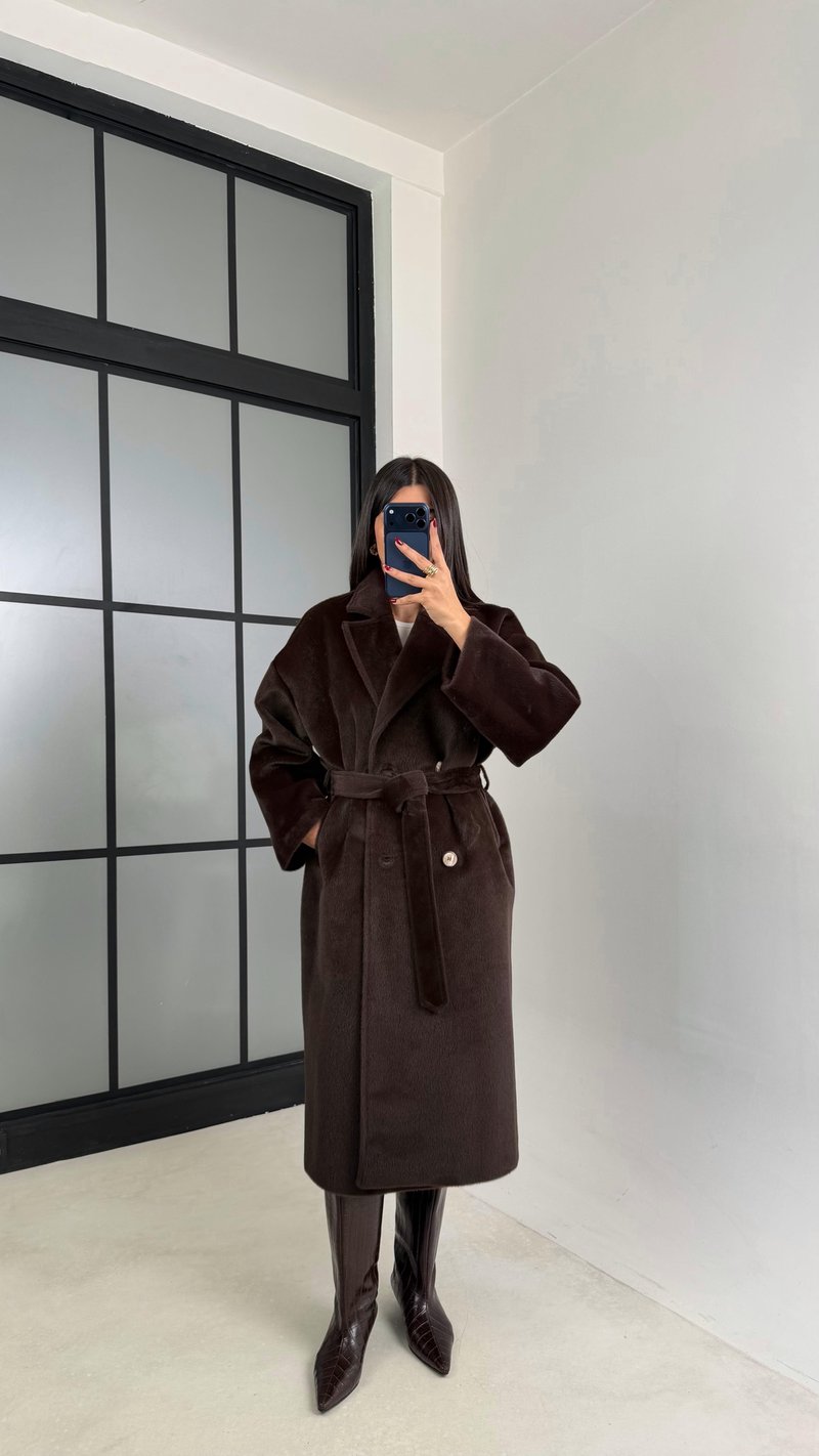 Kahve Astarlı Kuşaklı Premium Peluş Kaban GAUS-00565