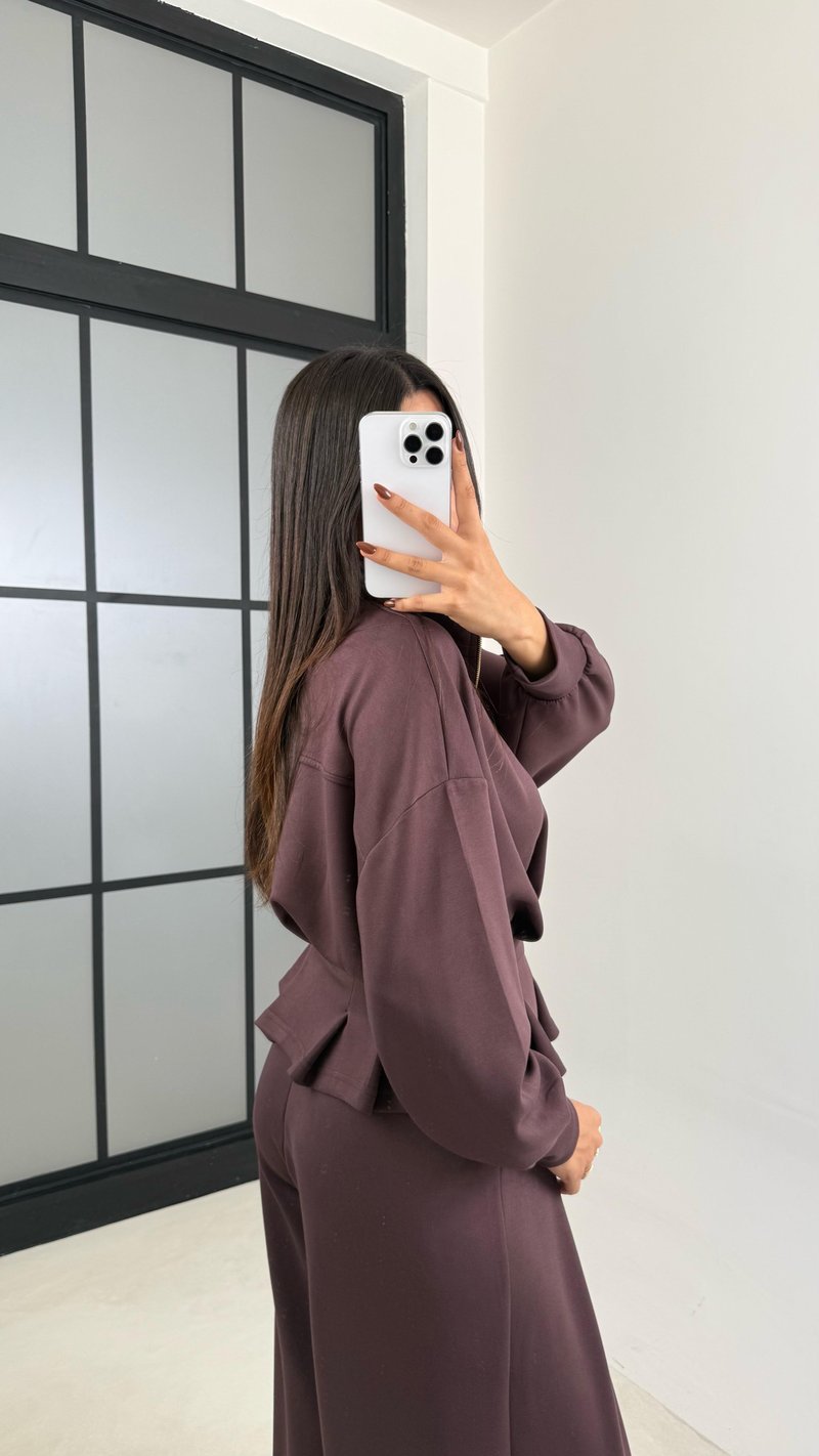 Acı Kahve Kemer Detaylı Hırka Beli Lastikli Geniş Paça Pantolon Modal Takım GAUS-00188
