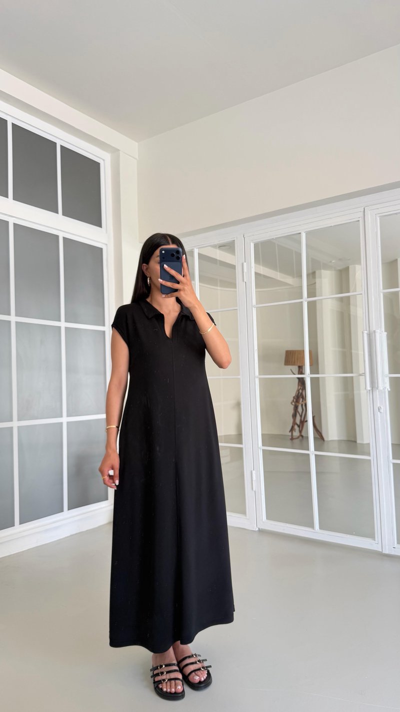 Siyah Polo Yaka Basic Modal Elbise GAUS-01542