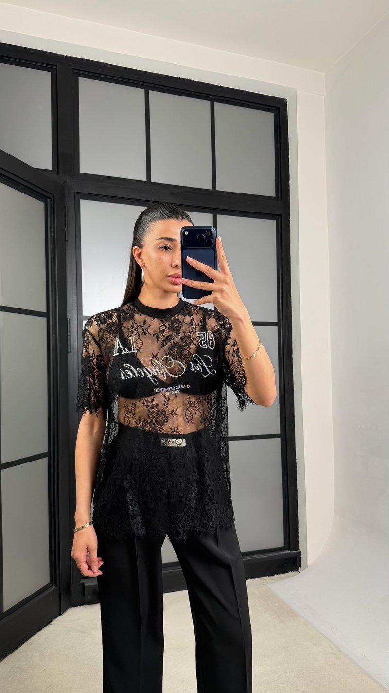 Siyah Muadil Yazılı Dantelli Tshirt GAUS-01492