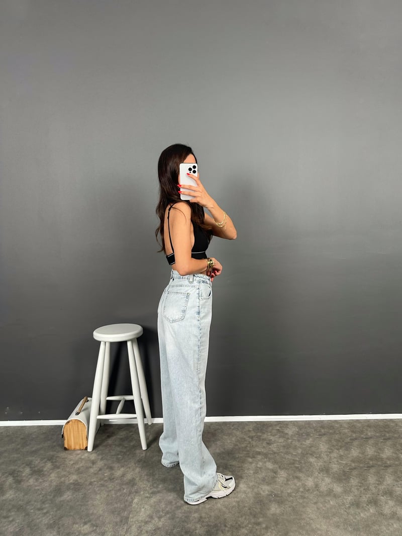 Davy Buz Mavisi Eskitme Wide Leg Jean 