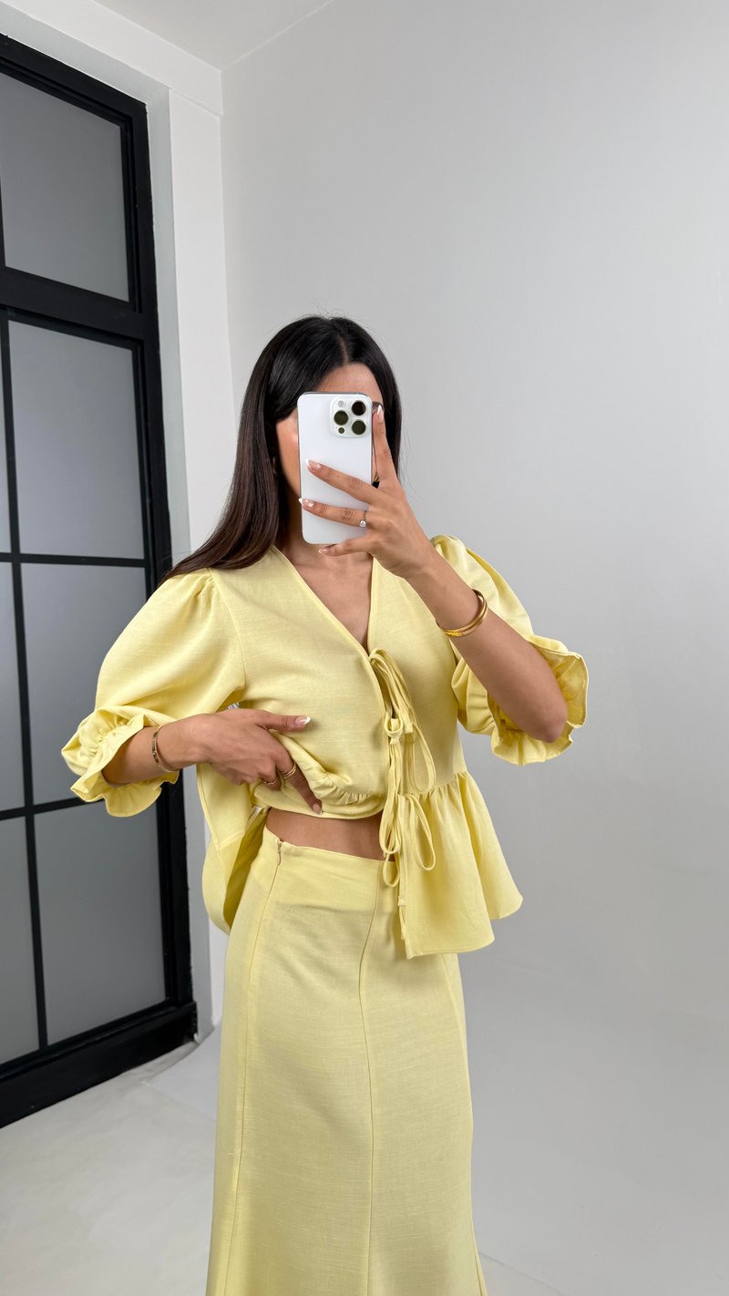 Sarı Önden Bağlama Detaylı Balon Kol Bluz Etek İkili Pinterest Keten Takım Gaus00570 