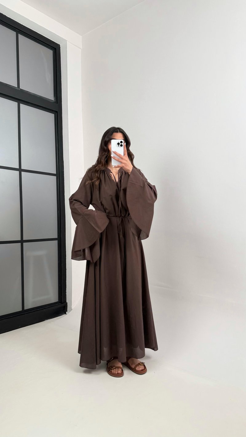 Acı Kahve Önü Bağlamalı Kuşaklı Astarlı Vual Kumaş Elbise Gaus00344