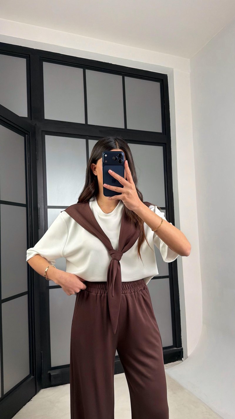Kahve Şal Detaylı Basic Tshirt Beli Lastikli Pantolon İkili Eşofman Takımı GAUS-01284
