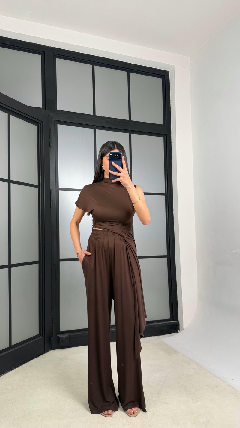 Kahve ZR Model Beli Lastikli Kaşmir Dokulu Pantolon GAUS-01356 GAUS-01355