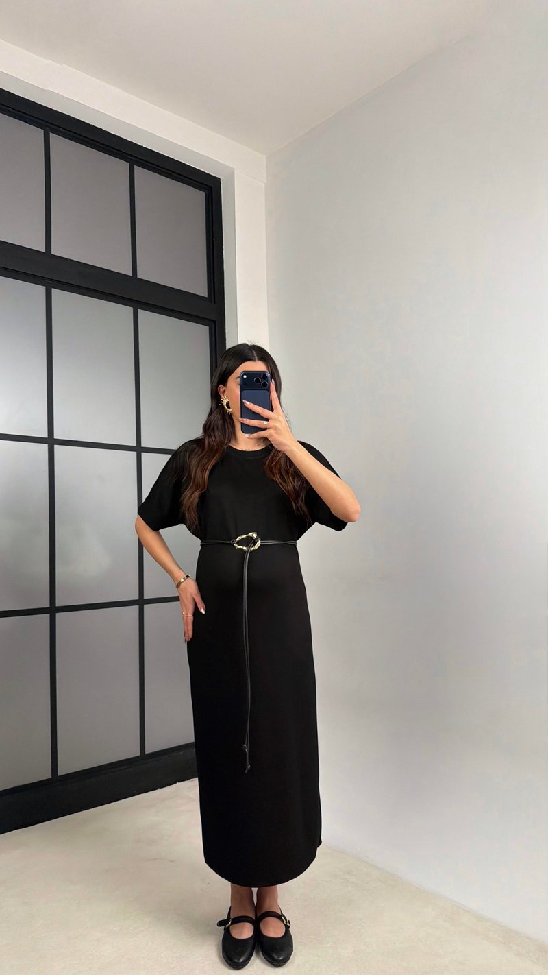 Siyah Kemerli Modal Kumaş Basic Elbise GAUS-01161