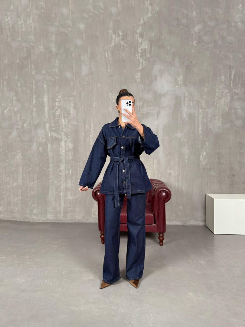 Mingo Navy Blue Belted Design Denim Set