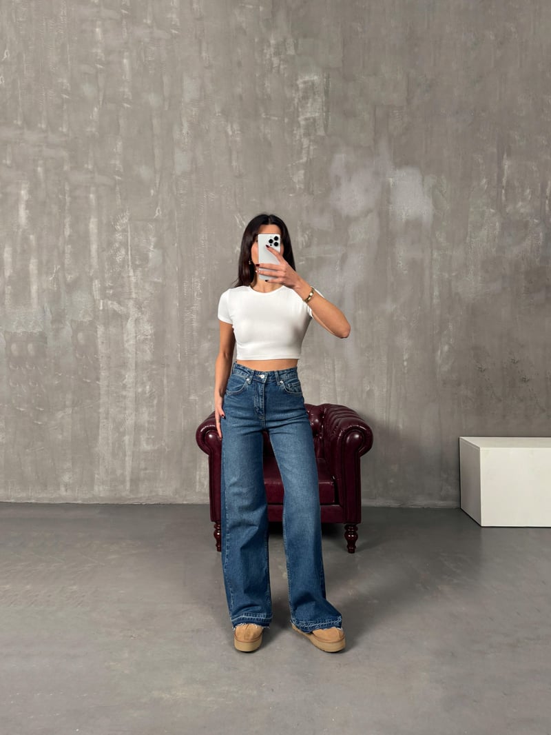 Chest Orta Mavi Paça Detaylı Wide Leg Jean