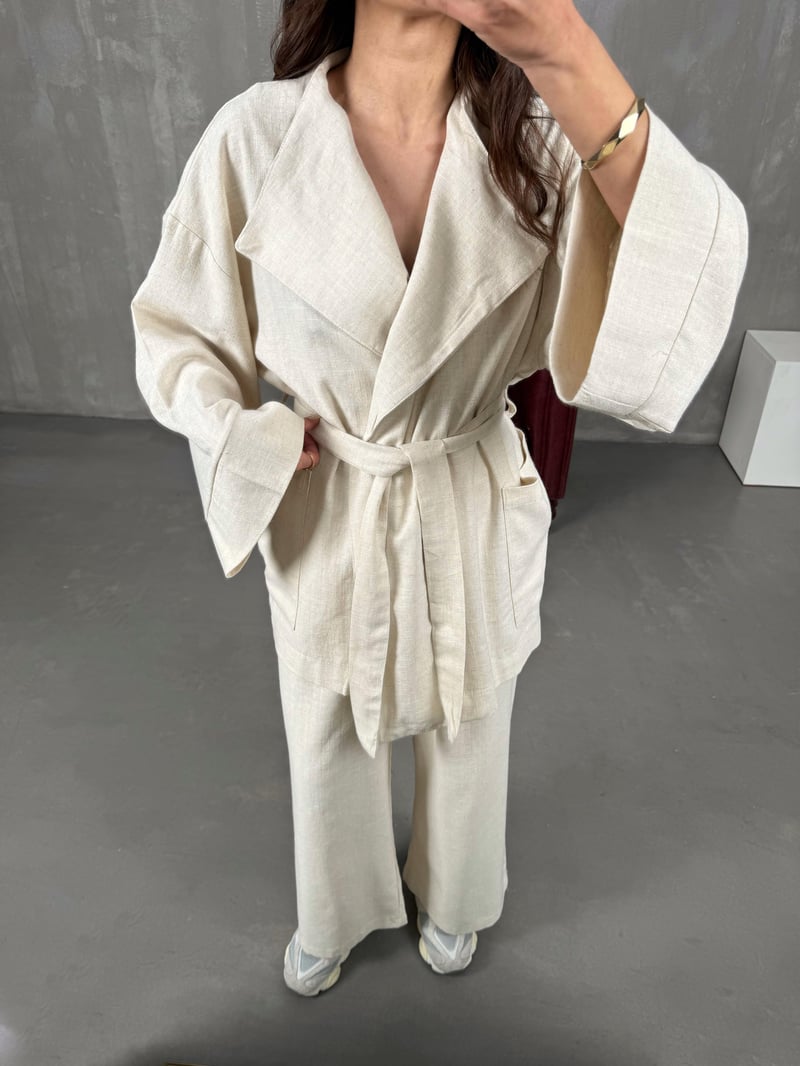 Sansa Taş Kuşaklı Keten Kimono Takım