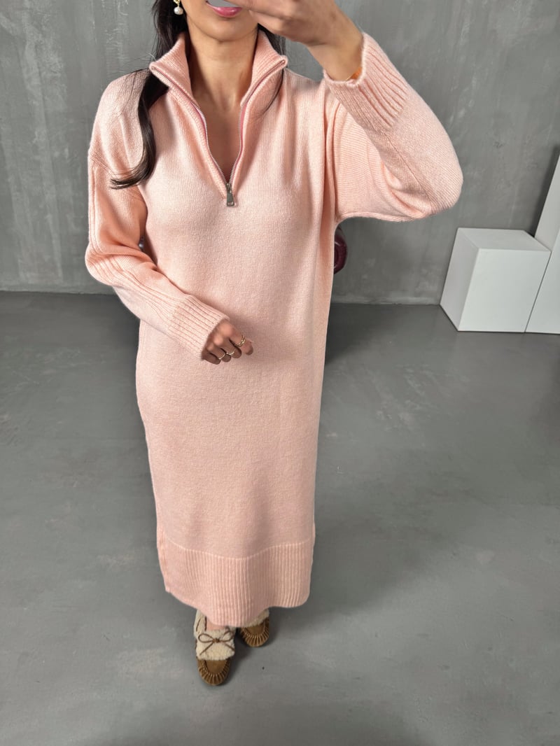 Saja Soft Pembe Fermuarlı Yumuşak Triko Elbise