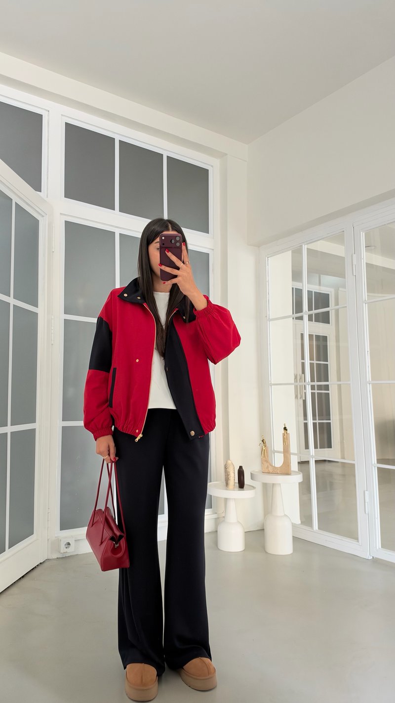 Kırmızı Astarlı Ceket Beli Lastikli Pantolon İkili Takım GAUS-02279