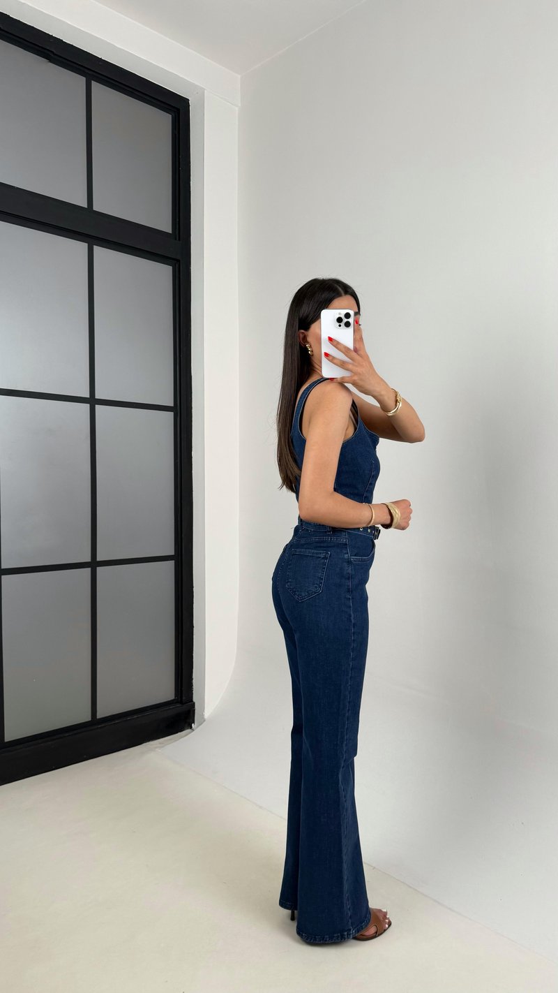 Lacivert Önü Düğmeli Kemerli Likralı Denim Tulum Gaus00473