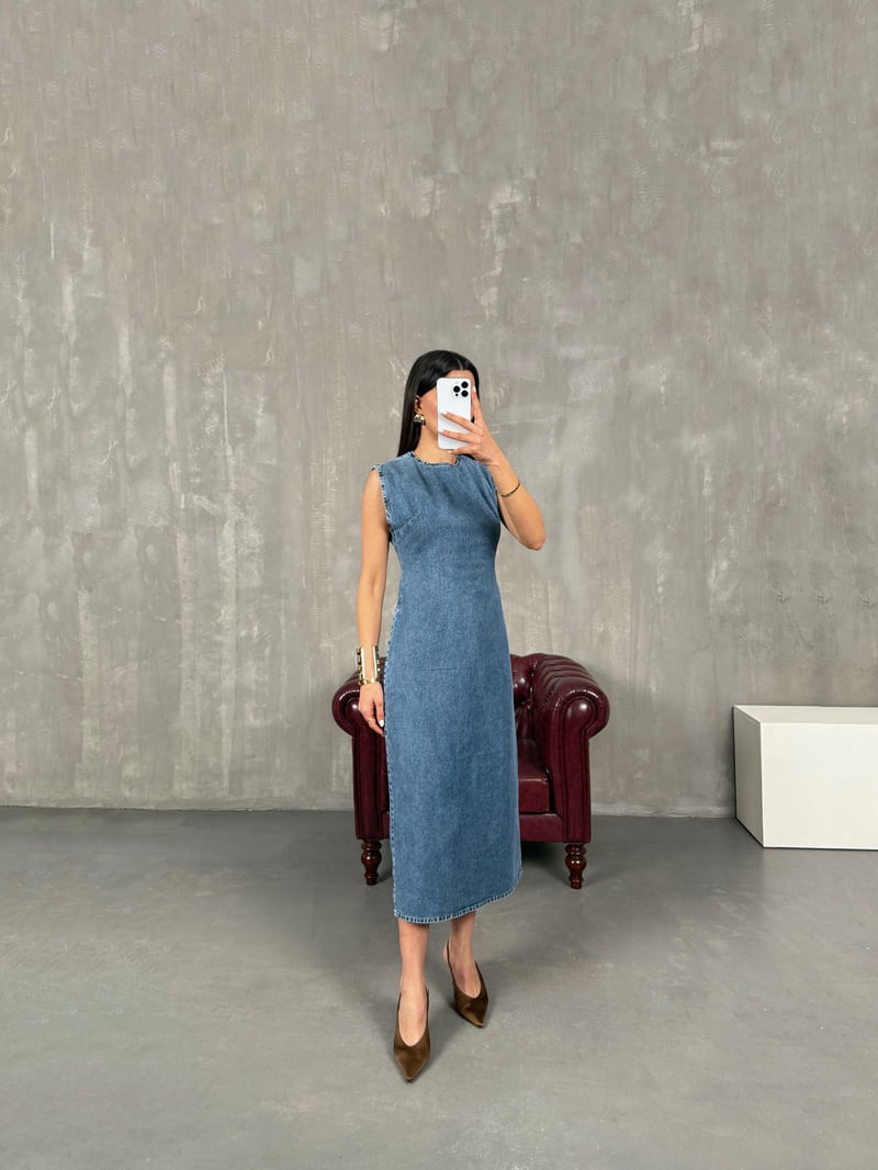 Odin Mavi Sıfır Kol Fermuarlı Yırtmaçlı Denim Elbise