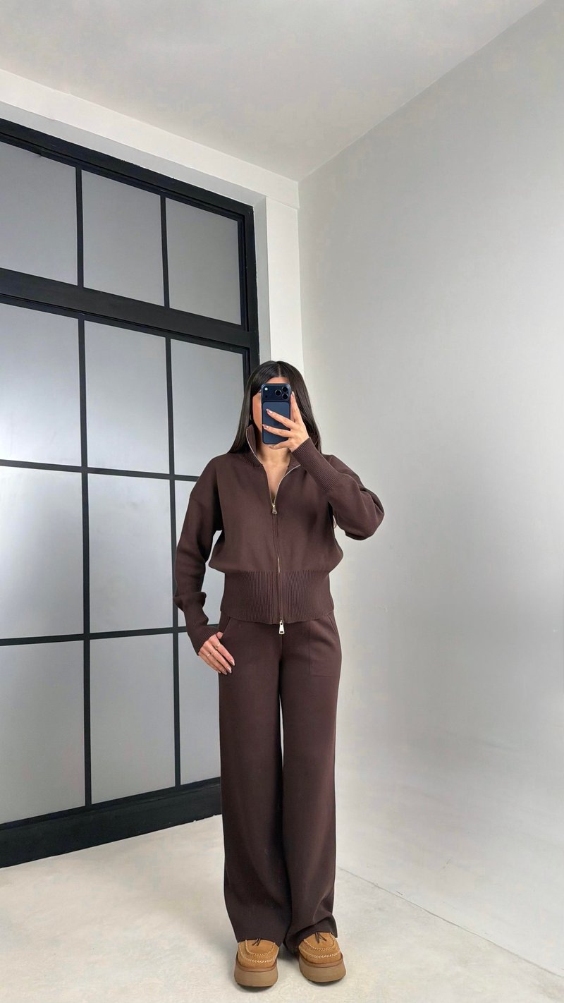 Acı Kahve Çift Fermuarlı Hırka Beli Lastikli Pantolon Triko Takım GAUS-01090